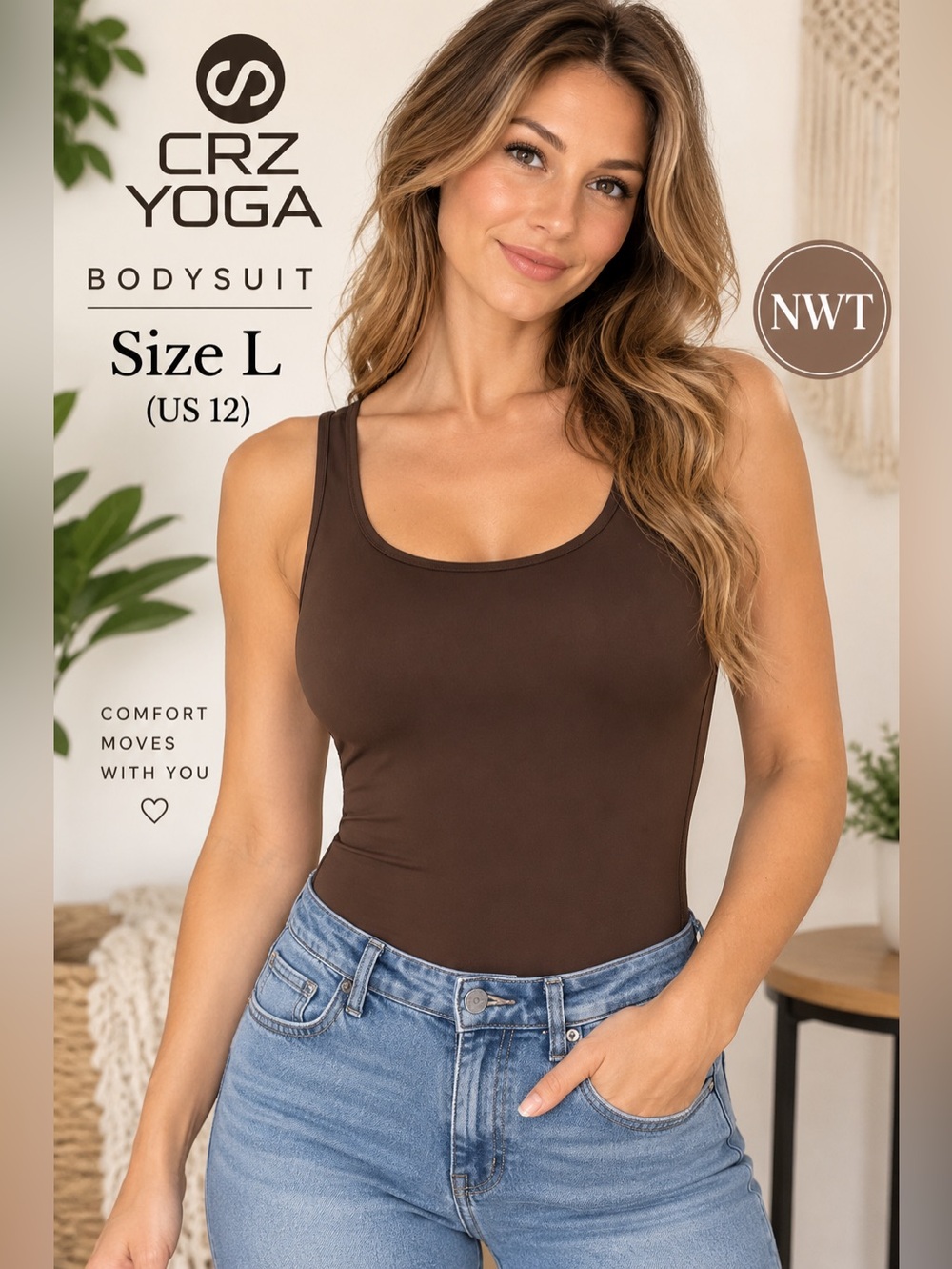 CRZ YOGA Hot Fudge Brownie Long Sleeve Thong Bodysuit L NWT